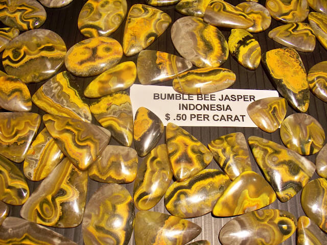 Bumble Bee Jasper - not a Jasper at all but is actually formed from a mixture of Indonesian volcano lava and sediment, this carbonate-rich rock was discovered fairly recently (1990's) on the island of Java.  In just the last 3-5 years it has become a popular lapidary material. 
Photo: Robyn Hawk