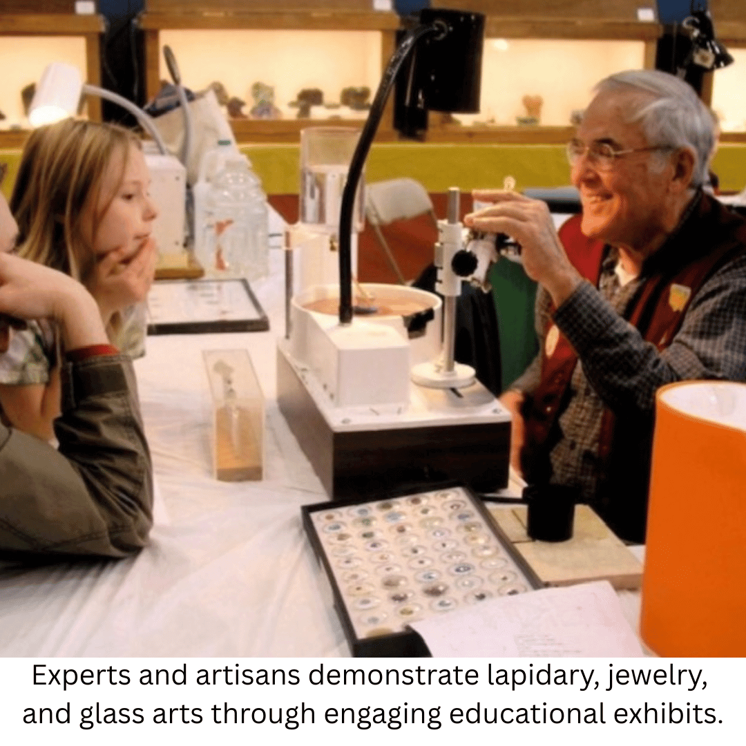 Experts and artisans demonstrate lapidary, jewelry, and glass art through engaging educational exhibits.