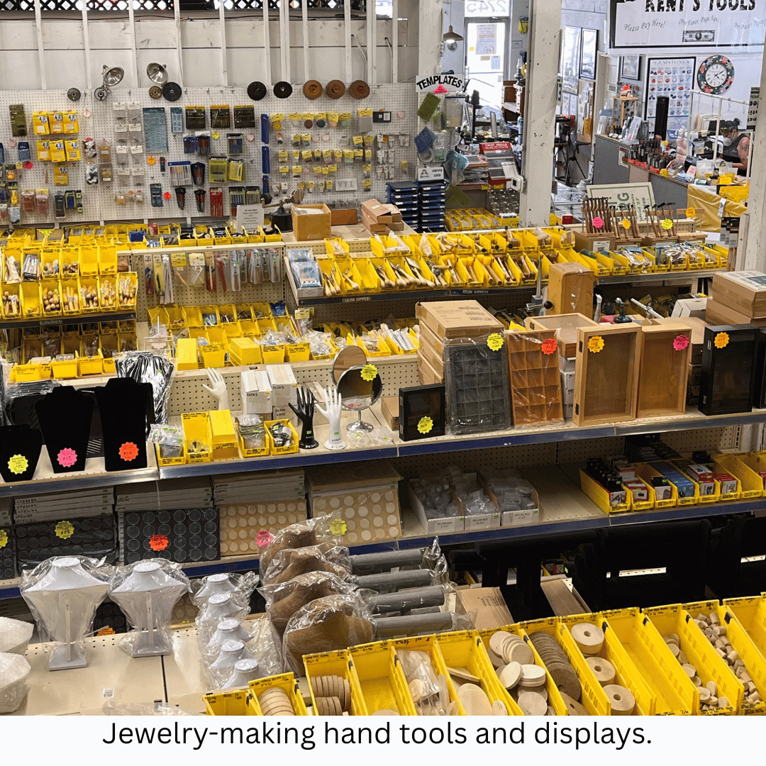 Jewelry-making hand tools and displays.