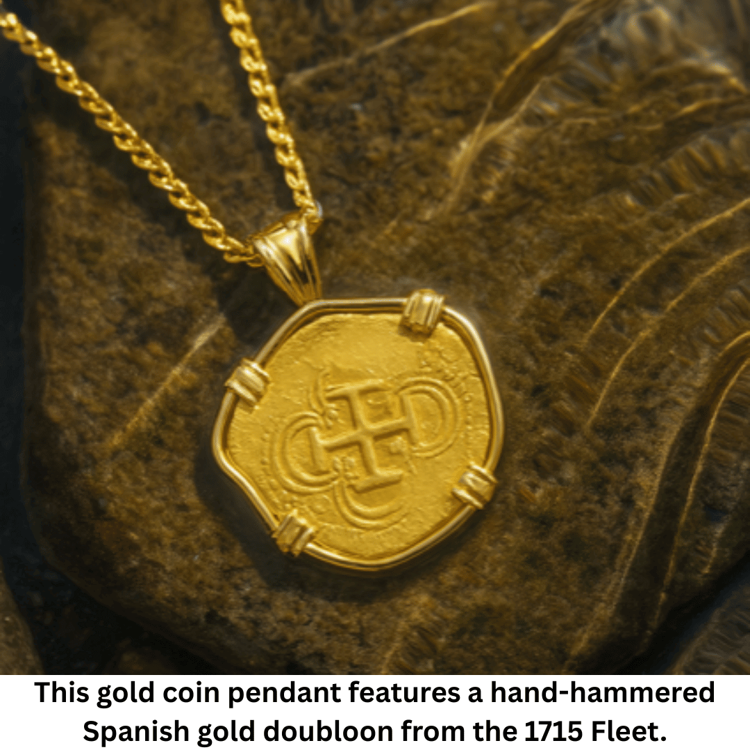 This gold coin pendant features a hand-hammered Spanish gold doubloon from the 1715 Fleet.