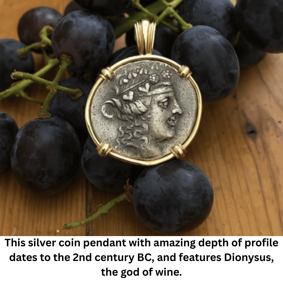 This silver coin pendant with amazing depth of profile dates to to the 2nd century BC, and features Dionysus, the god of wine. 