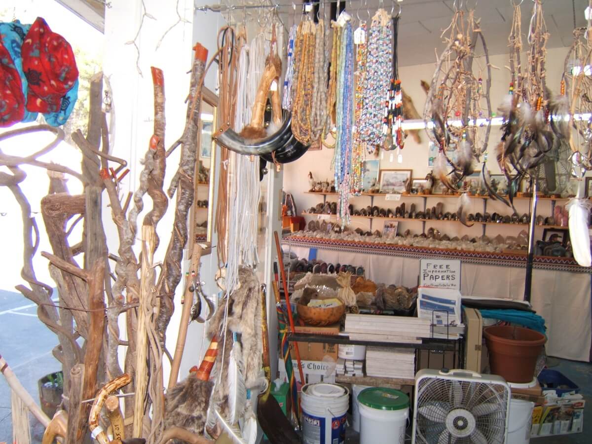 Here is a good representation of Native American items. We have walking sticks, leather laces, handmade buffalo horn rattles, Old African Trade Beads (1600-1800) and handmade from wood dream catchers.