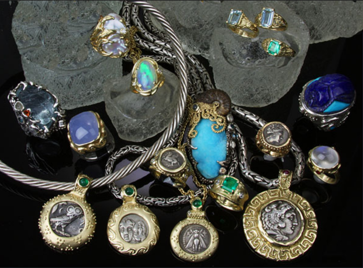 One of a kind 14kt gold and sterling silver jewelry set with ancient coins, fossils, gemstones and crystals by Dan & Linda Baker