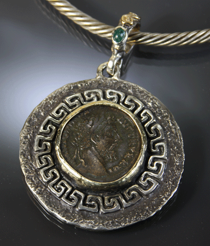 Marcus Aurelius, ancient bronze set in sterling silver and 14kt gold pendant