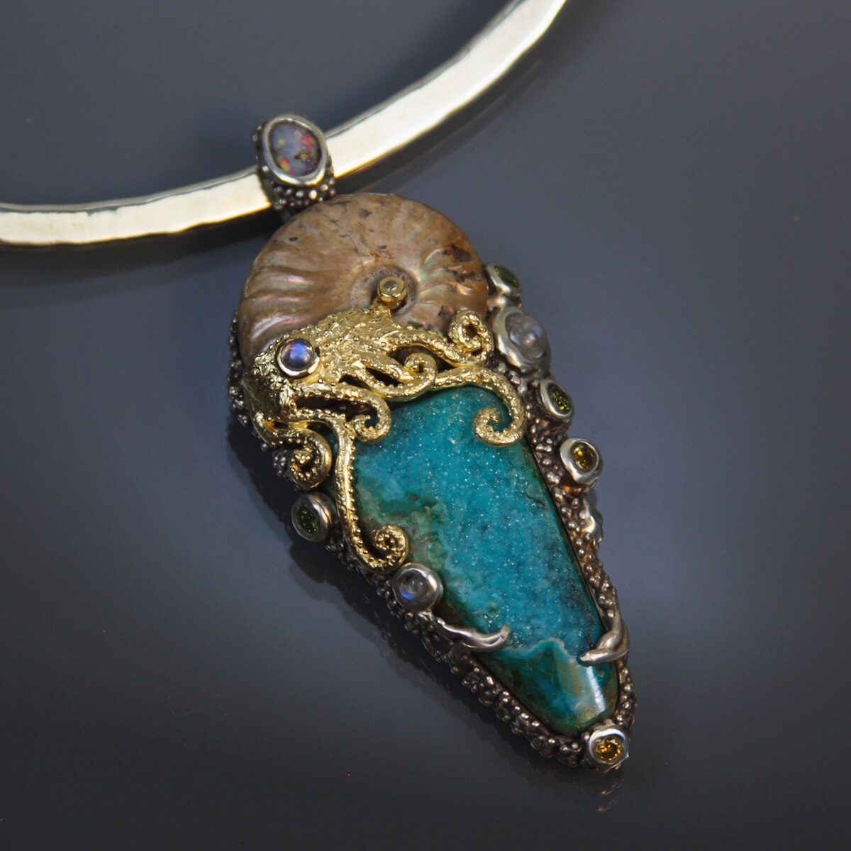 SOLD, Ammonite fossil and drusy quartz on chrysocolla "Jurassic Classic" pendant in sterling silver and 14kt gold with gemstones
