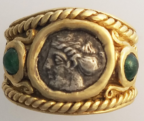 Ancient coin, AR Triobol, set in 14kt gold wide band with emerald cabochons
