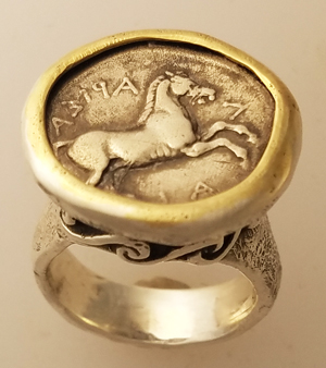 Ancient coin, pony, AR Drachm, in sterling silver and 14kt gold ring