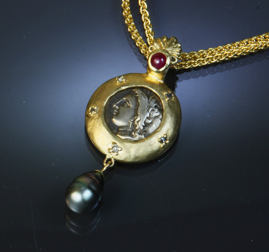 SOLD, Ancient coin, Demeter, in 14kt gold pendant with diamonds, ruby and Tahitian pearl drop