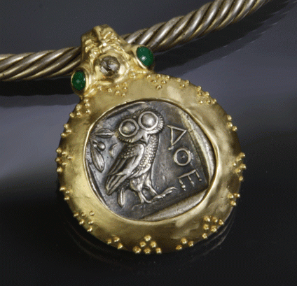 Ancient Old Style Athena Owl Tetradrachm set in 14kt gold pendant with rose cut diamond and emerald cabochons on bail