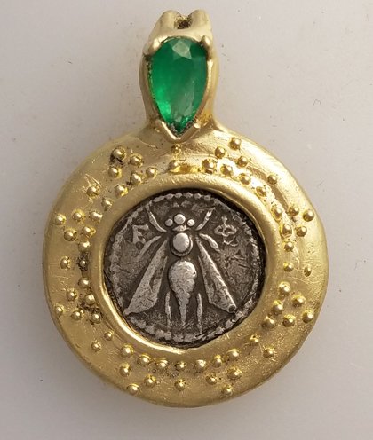 SOLD, Ancient AR Drachm, Ephesus Bee, set in 14kt gold pendant with emerald on bail