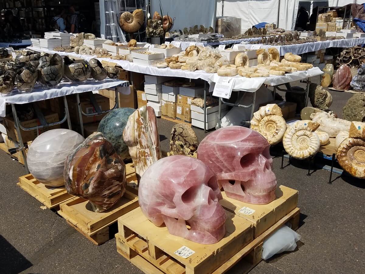 Carved rose quartz skulls, fossils and many other large specimens are available at JG&M EXPO.
