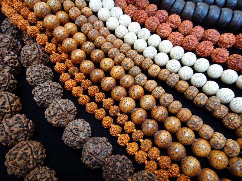 Mala beads made from natural materials.