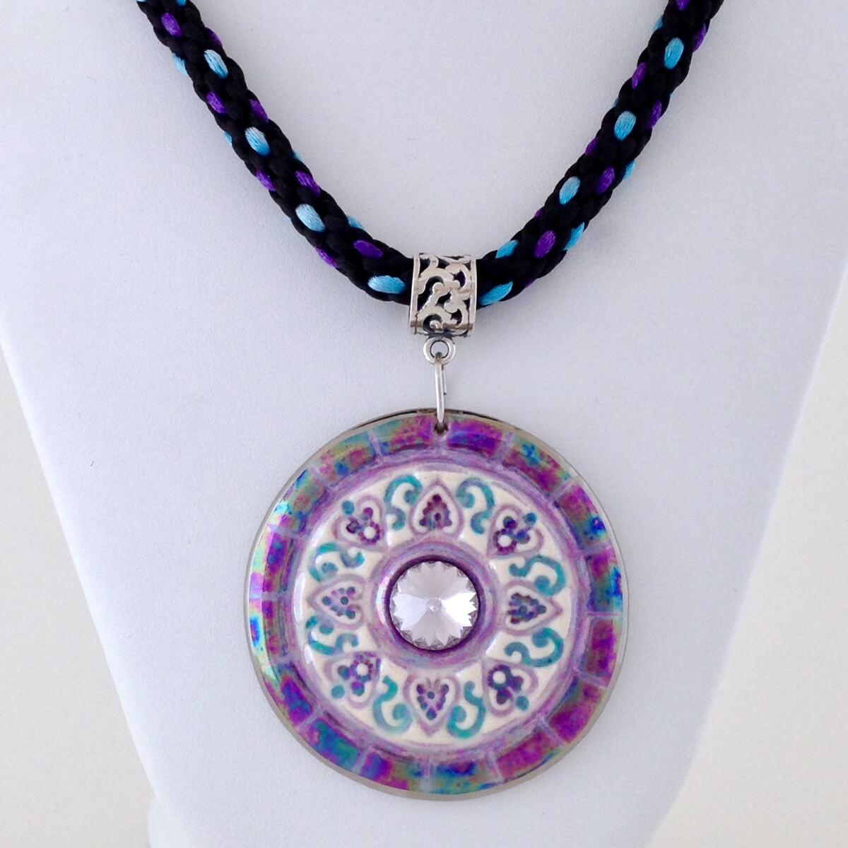 Large mandala pendant on an 8 strand Kumihimo braid with sterling silver bail.