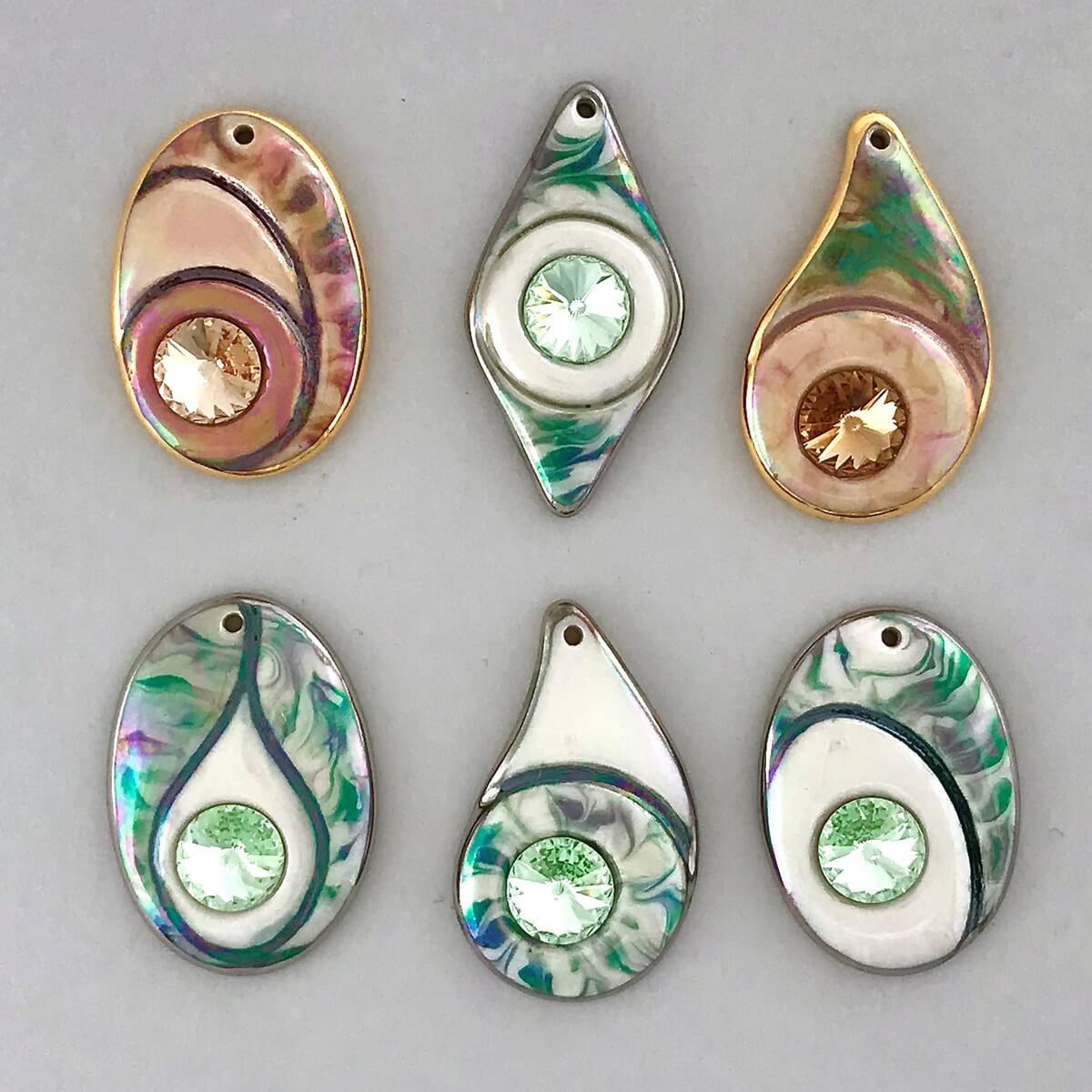 Carved color block porcelain pendants.