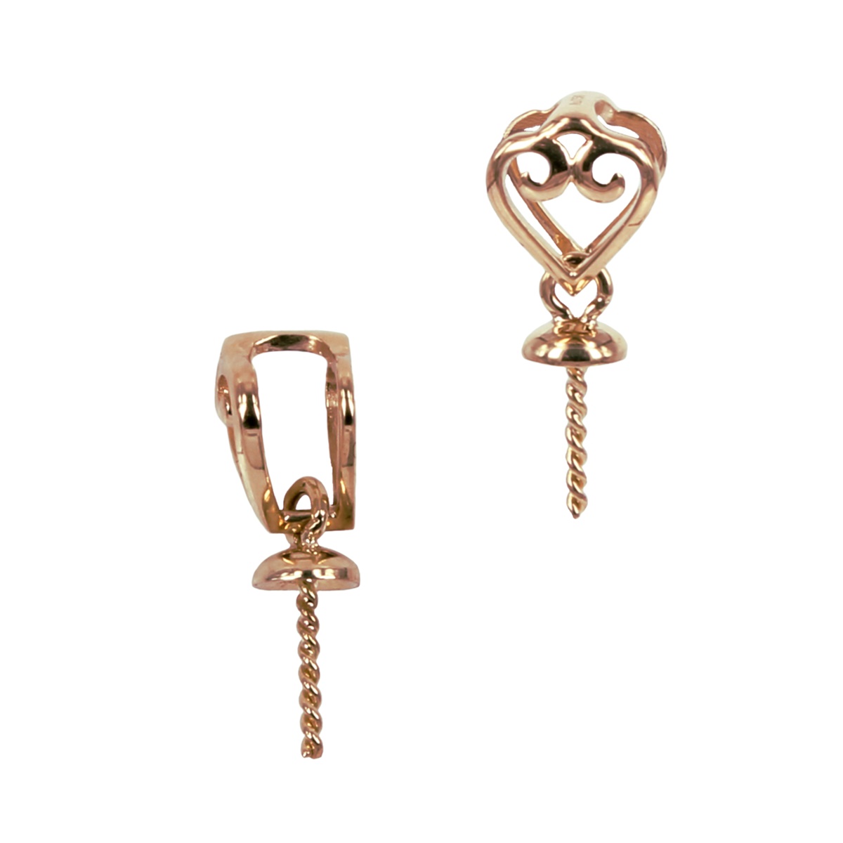 18Kt Gold Stylized Heart Bail with Cup & Peg Pearl Mounting 13.3×3.5mm Rose Gold