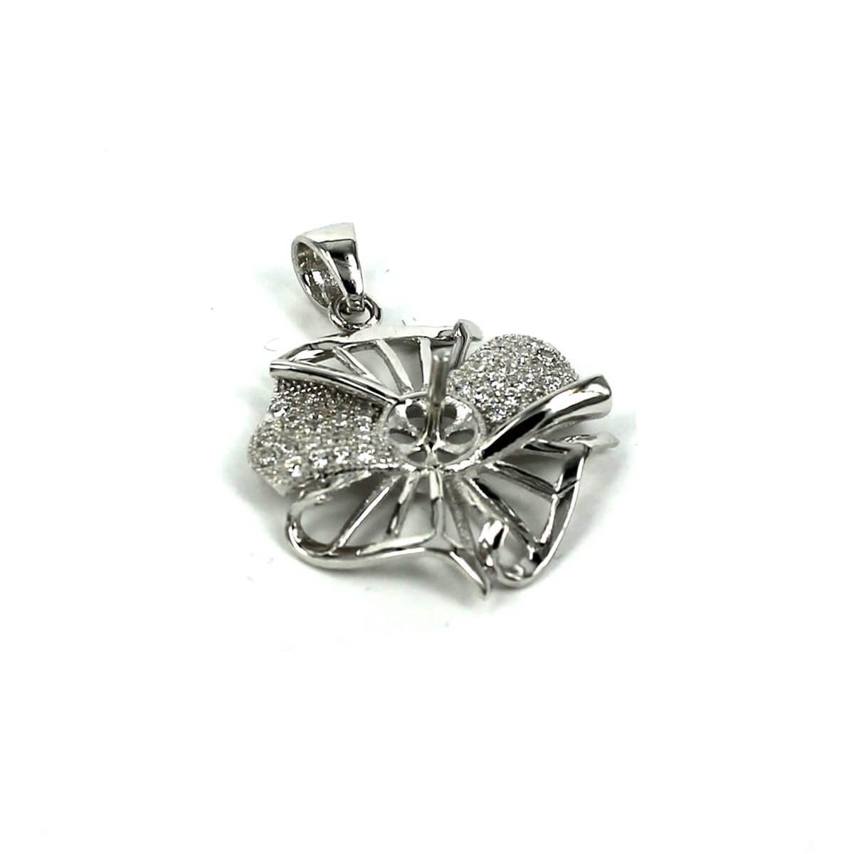 Flower Pendant with Cubic Zirconia Inlays and Cup and Peg Mounting and Bail in Sterling Silver 5mm 