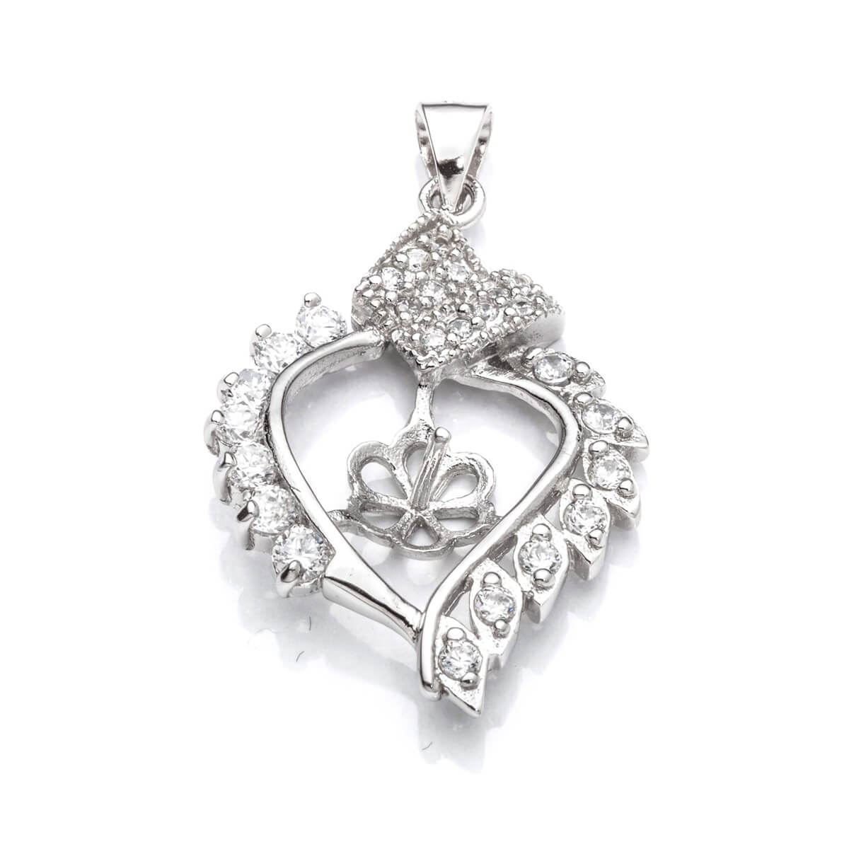 Heart Pendant with Cubic Zirconia Inlays and Cup and Peg Mounting in Sterling Silver 6mm 
