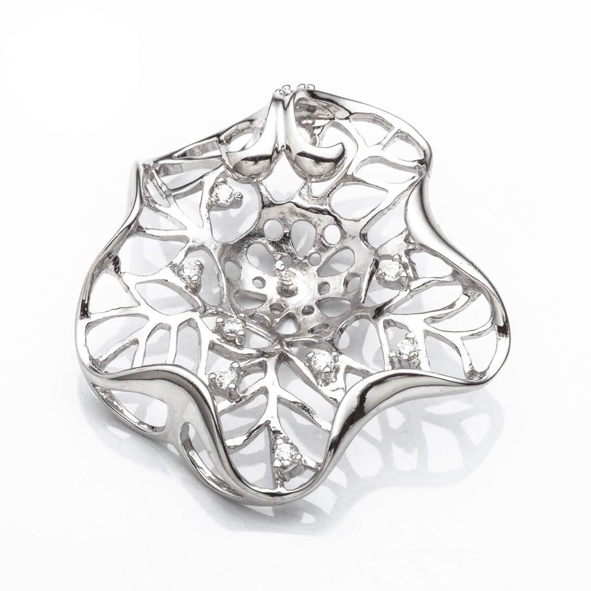 Floral Pendant with Cubic Zirconia Inlays and Cup and Peg Mounting in Sterling Silver 10mm