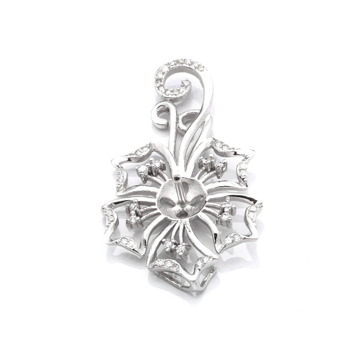 Floral Pendant with Cubic Zirconia Inlays and Cup and Peg Mounting and Bail in Sterling Silver 6mm 