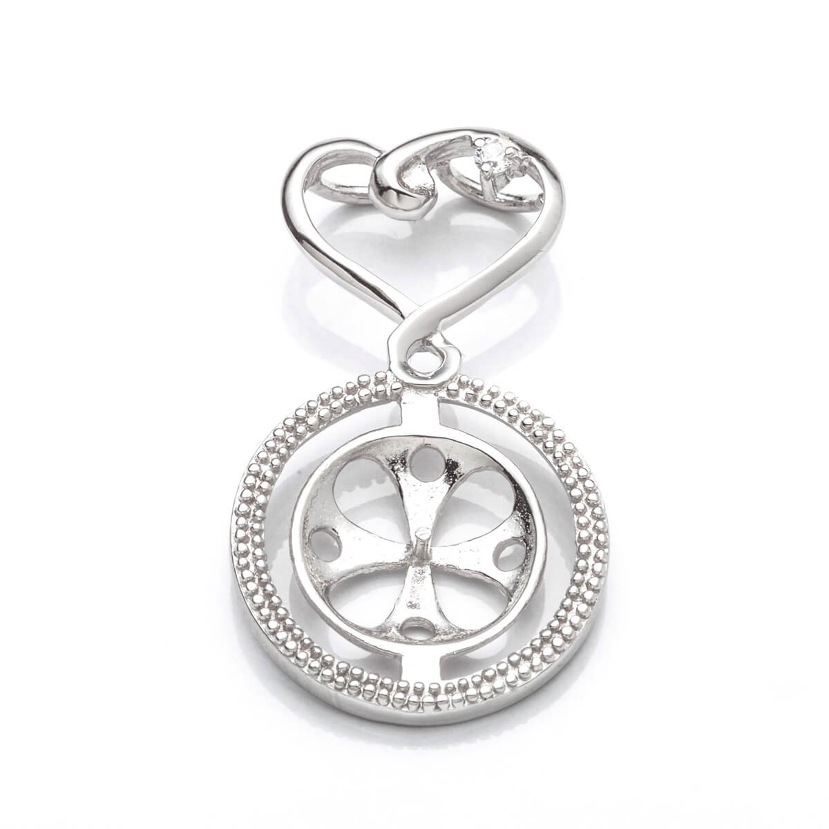 Round Pendant with Cubic Zirconia Inlay and Cup and Peg Mounting in Sterling Silver 11mm 