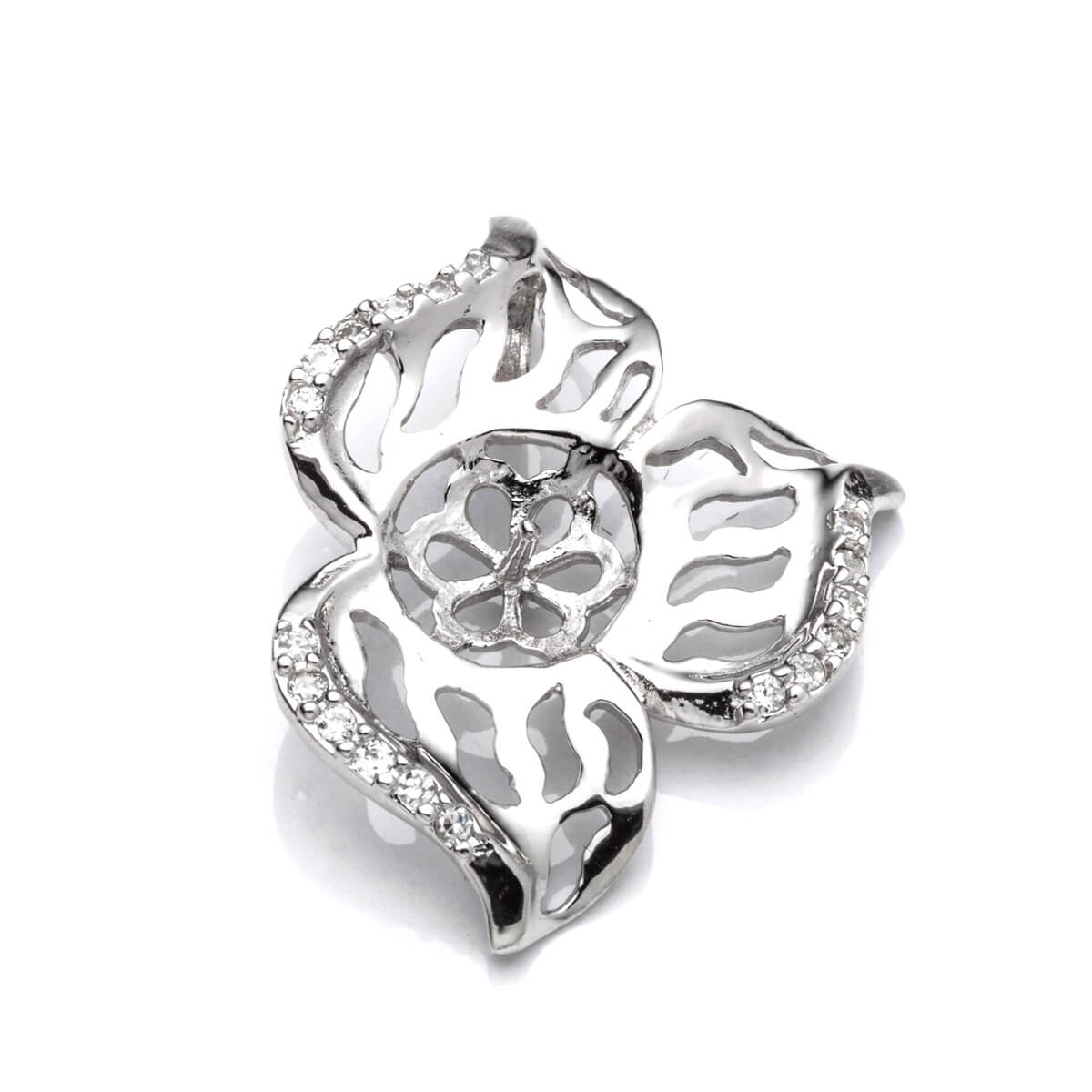 Floral Pendant with Cubic Zirconia Inlays and Cup and Peg Mounting in Sterling Silver 7mm