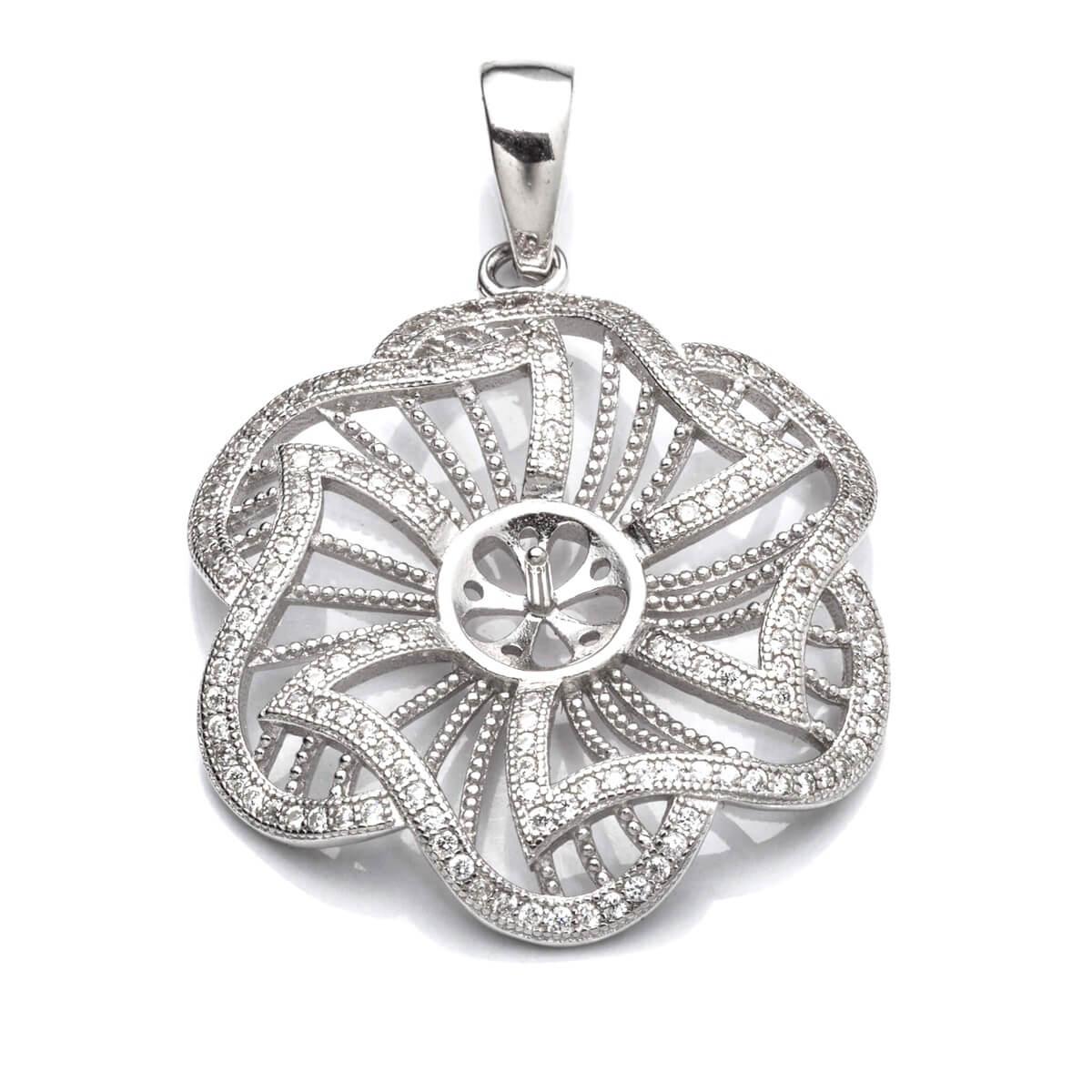 Flower Pendant with Cubic Zirconia Inlays and Cup and Peg Mounting and Bail in Sterling Silver 7mm 