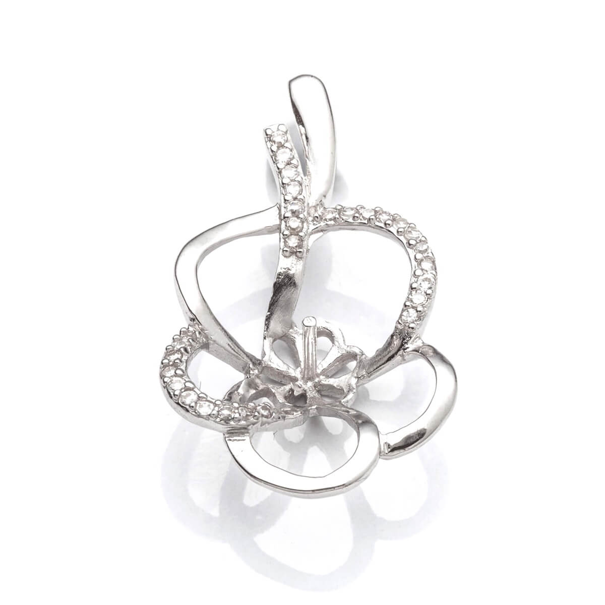 Floral Pendant with Cubic Zirconia Inlays and Cup and Peg Mounting in Sterling Silver 10mm 