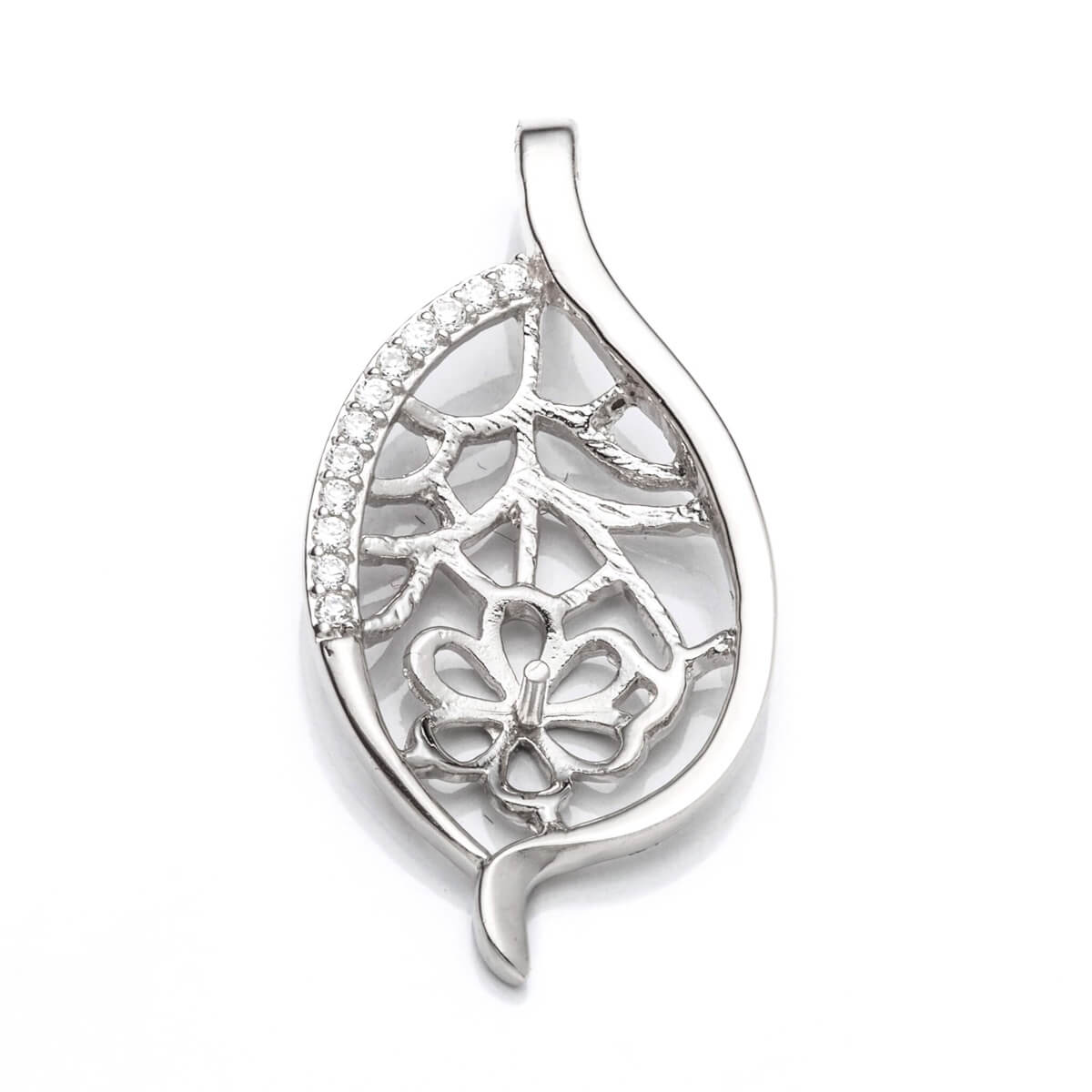 Leaf Pendant with Cubic Zirconia Inlays and Cup and Peg Mounting in Sterling Silver 8mm 