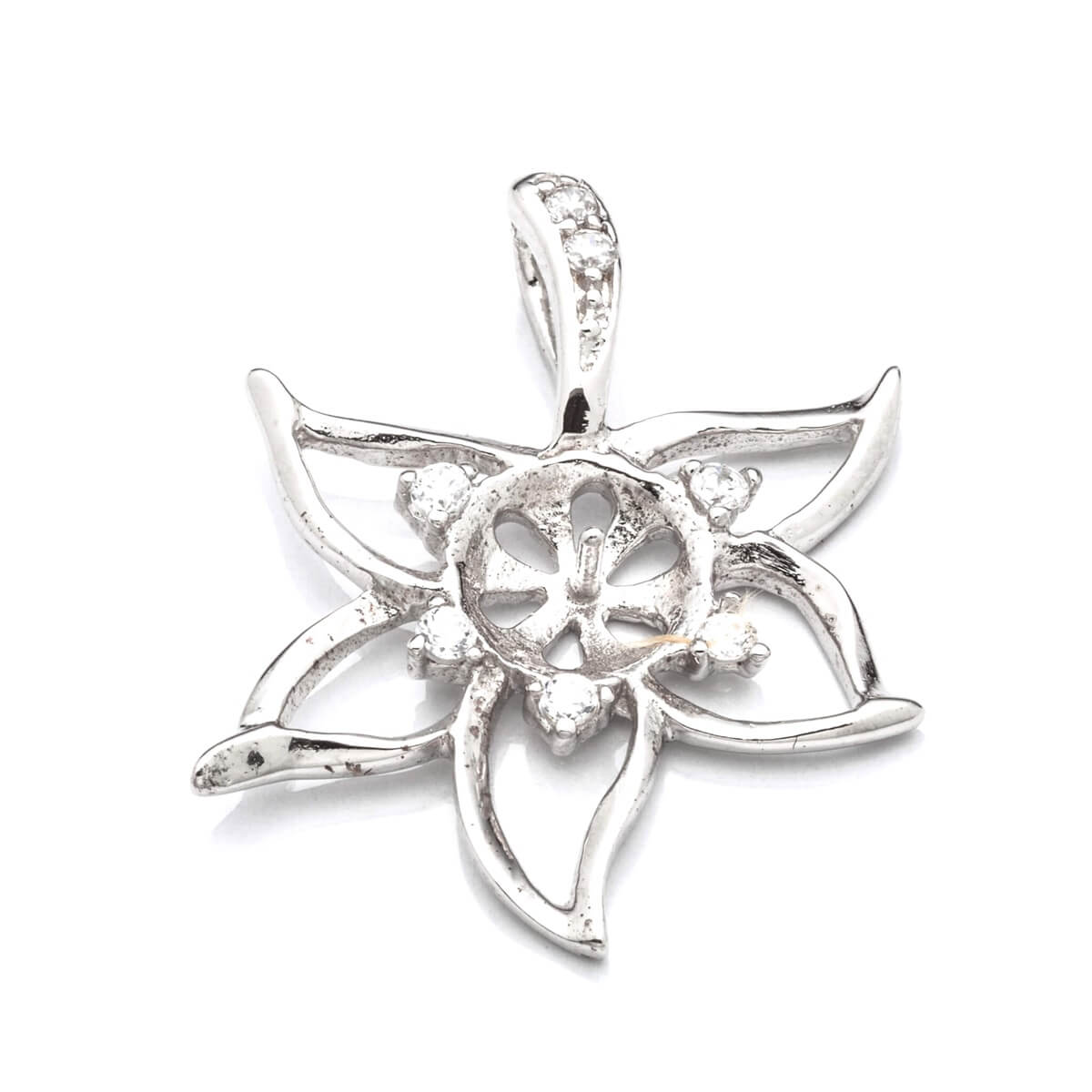Star Pendant with Cubic Zirconia Inlays and Cup and Peg Mounting and Bail in Sterling Silver 8mm 
