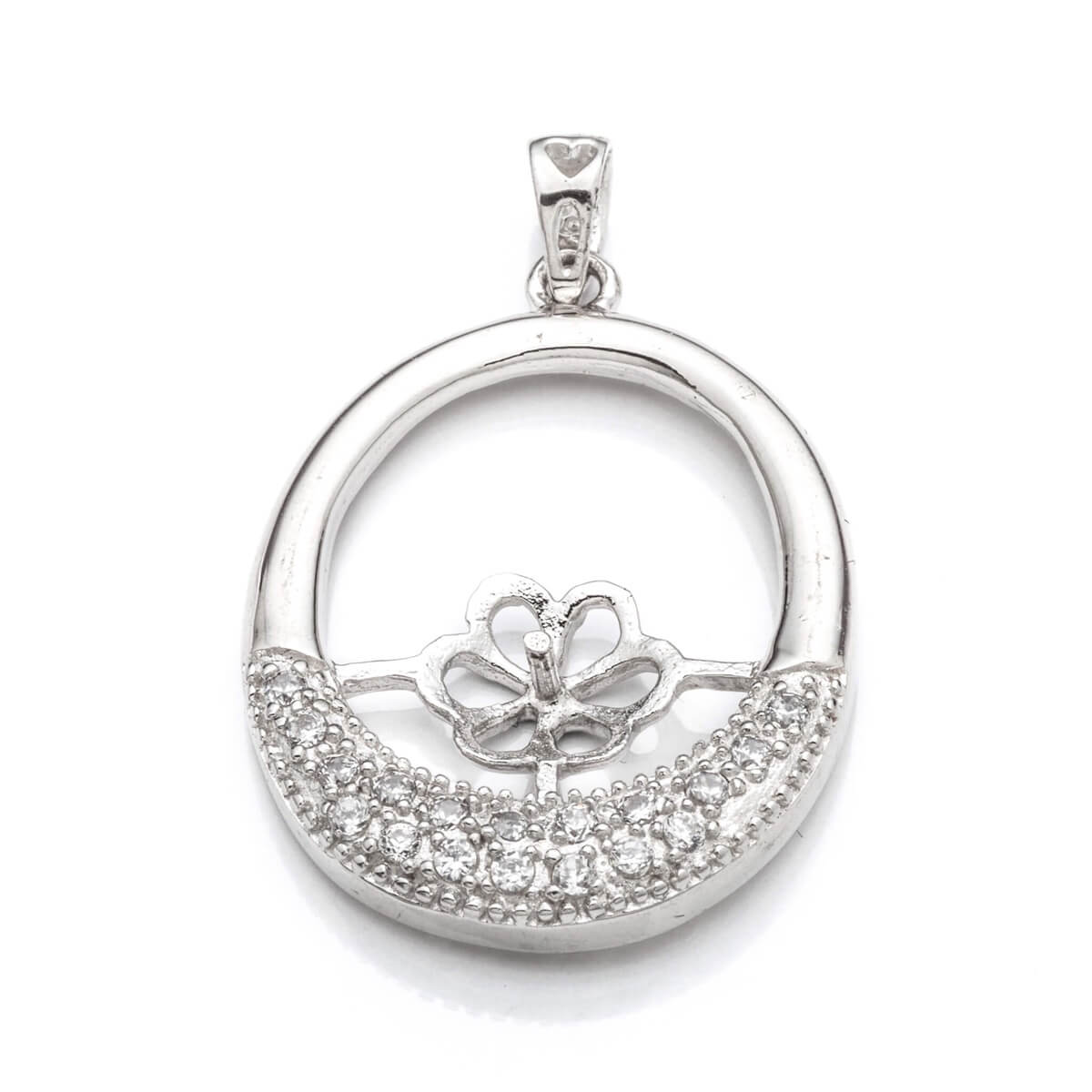 Round Pendant with Cubic Zirconia Inlays and Cup and Peg Mounting and Bail in Sterling Silver 8mm 