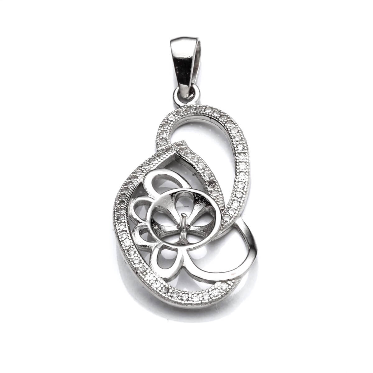 Pendant with Cubic Zirconia Inlays and Cup and Peg Mounting and Bail in Sterling Silver 7mm 