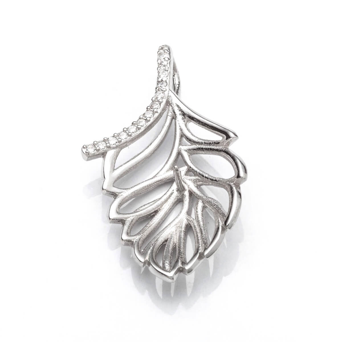 Leaf Pendant with Cubic Zirconia Inlay and Peg Mounting in Sterling Silver 8mm 