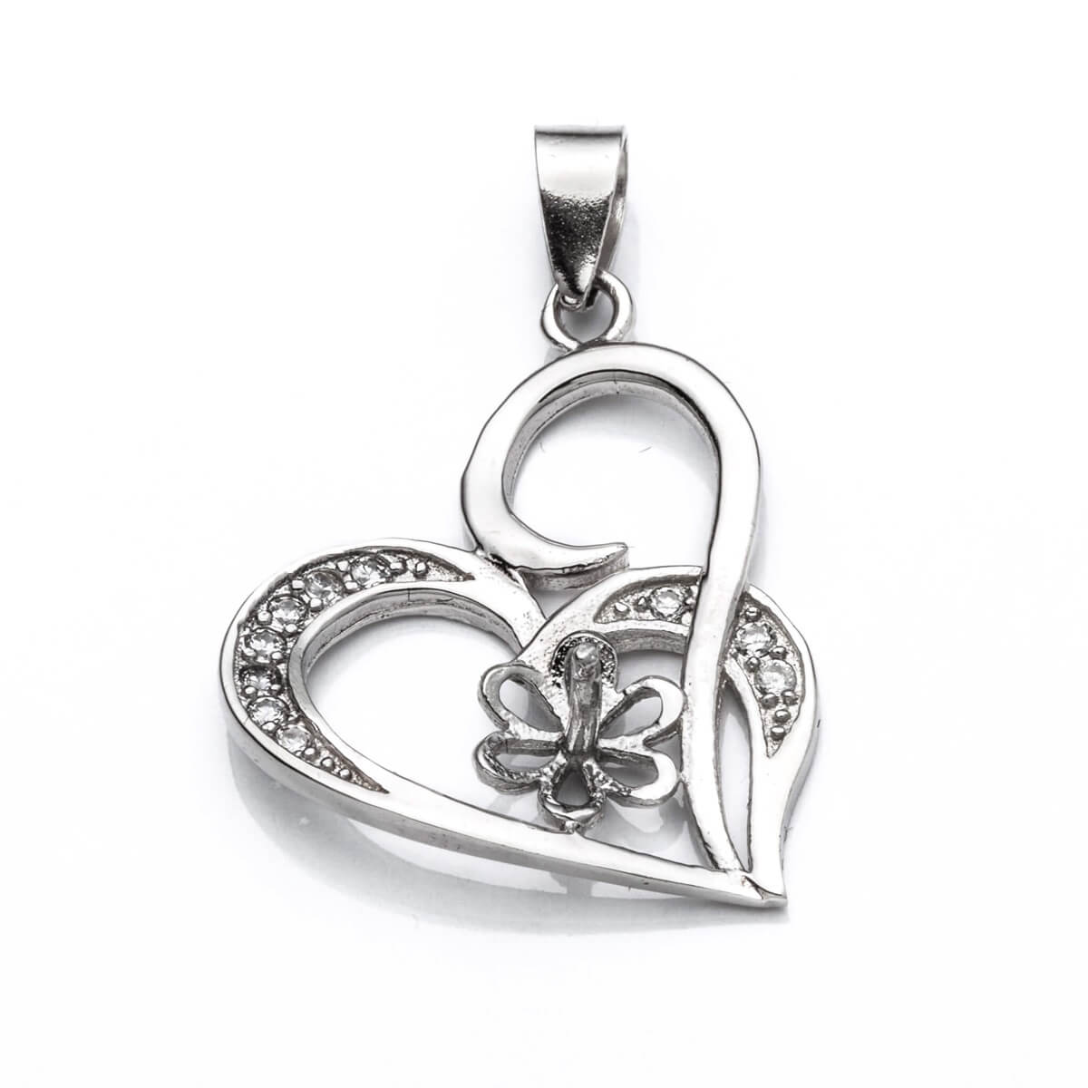 Heart Pendant with Cubic Zirconia Inlays and Cup and Peg Mounting and Bail in Sterling Silver 6mm 