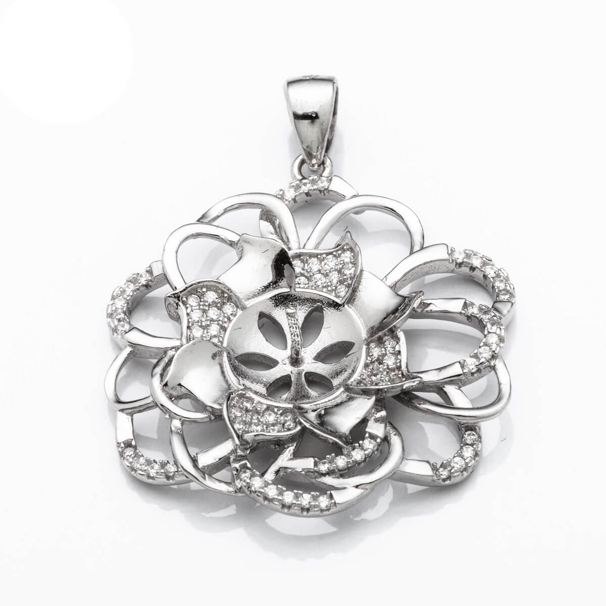 Flower Pendant with Cubic Zirconia Inlays and Cup and Peg Mounting and Bail in Sterling Silver 9mm