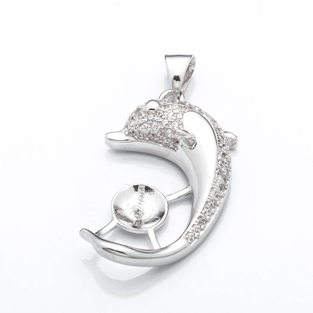 Dolphin Pendant with Cubic Zirconia Inlays and Cup and Peg Mounting and Bail in Sterling Silver 7mm 