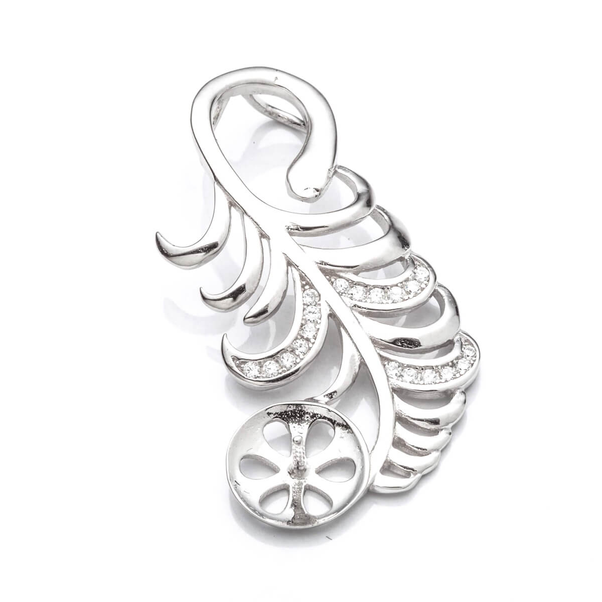 Feather Pendant with Cubic Zirconia Inlays and Cup and Peg Mounting in Sterling Silver 8mm 