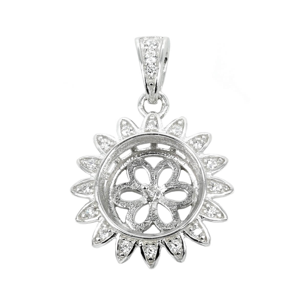 Round Cubic Zirconia Embellished Sunflower Pearl Pendant with Soldered Loop and Bail in Sterling Silver 10mm 