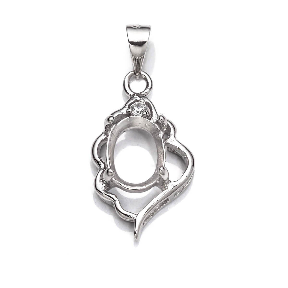 Pendant with Cubic Zirconia Inlays and Oval Mounting and Bail in Sterling Silver 8x10mm 