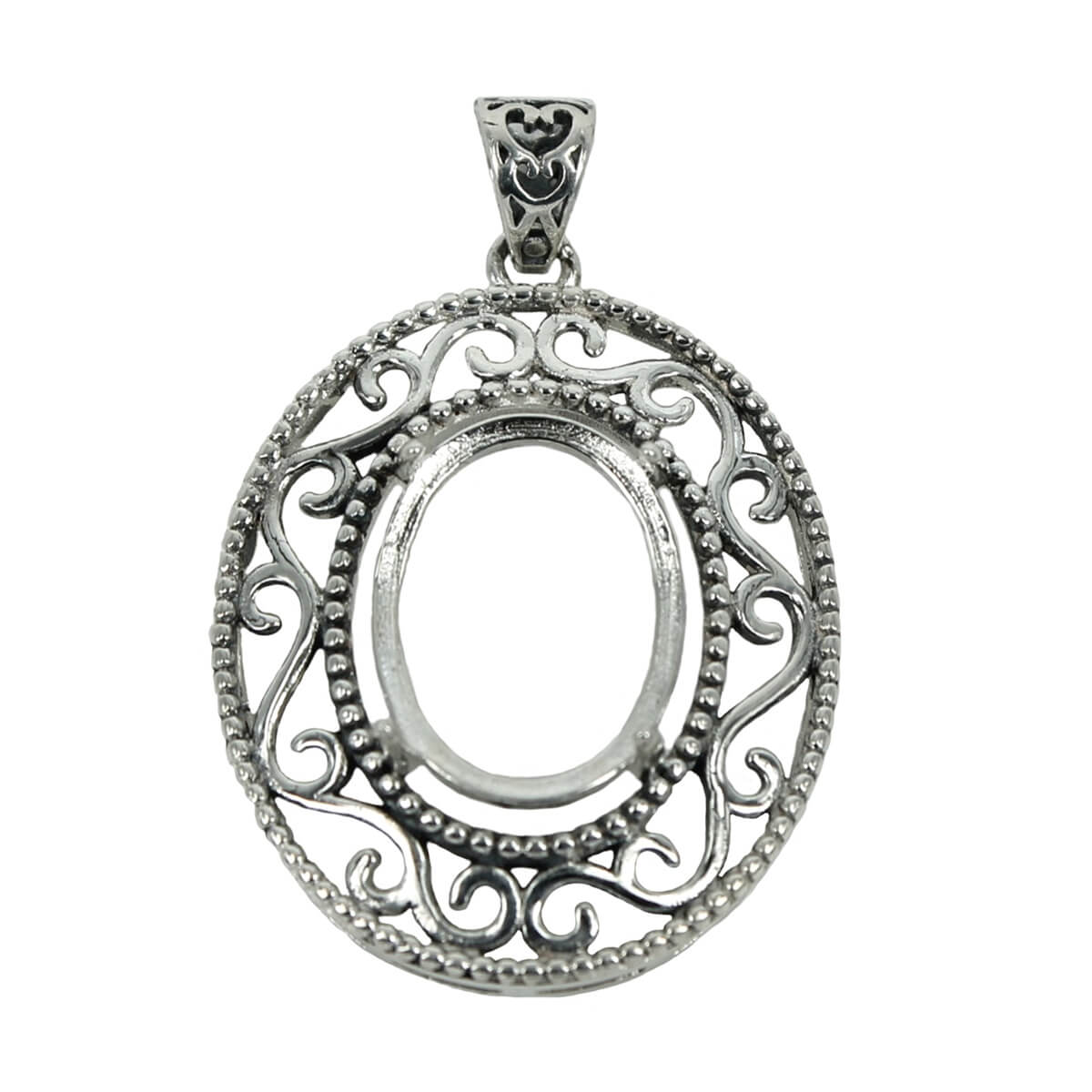 Oval Pendant with Milgrain and Rococo Frame and Soldered Loop and Bail in Sterling Silver 12x16mm 
