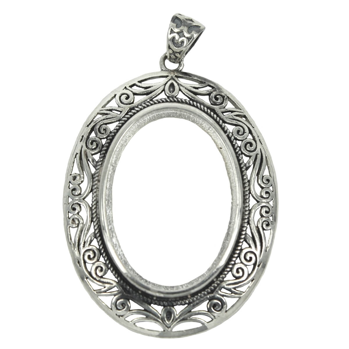 Oval Pendant With Wide Open Rococo Border and Soldered Loop and Bail in Sterling Silver 18x25mm