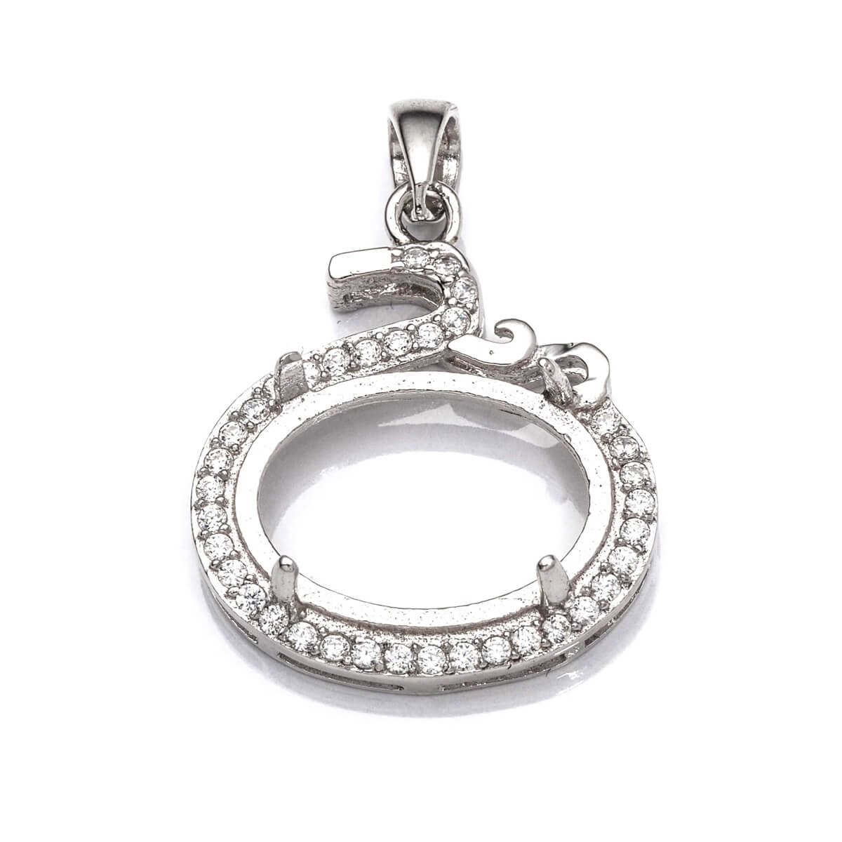 Pendant with Cubic Zirconia Inlays and Oval Mounting and Bail in Sterling Silver 11x15mm 