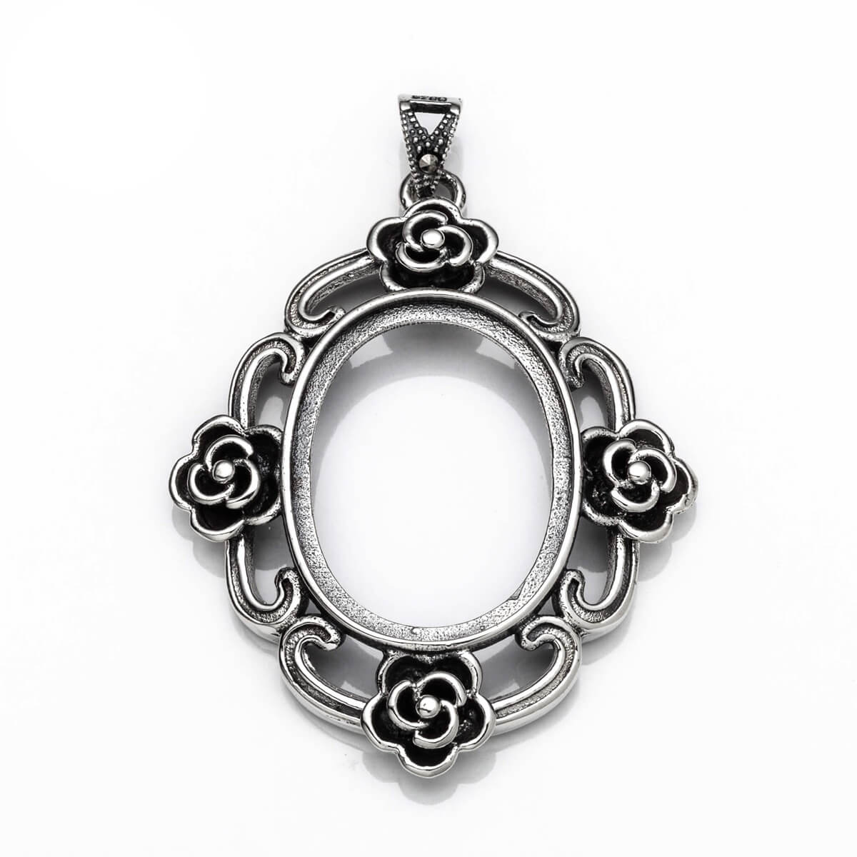 Antique Floral Pendant with Oval Bezel Mounting and Bail in Sterling Silver 18x24mm 