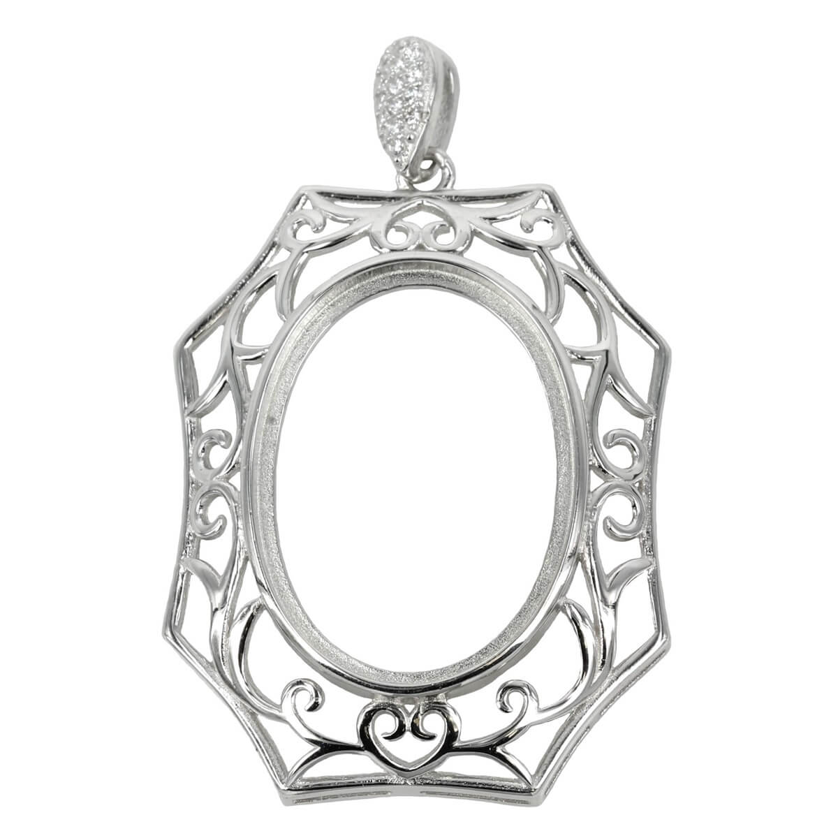 Oval Pendant with Rococo Frame, Soldered Loop and bail in Sterling Silver 20x24mm 
