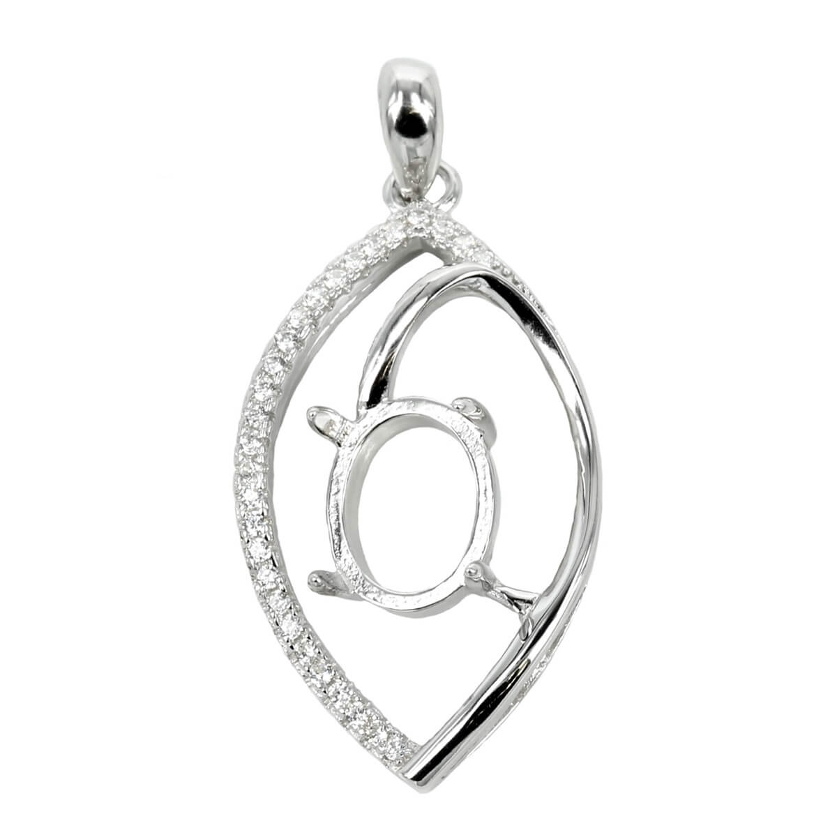 Oval Cubic Zirconia Set Biconvex Pendant with Soldered Loop and Bail in Sterling Silver 7x9mm 