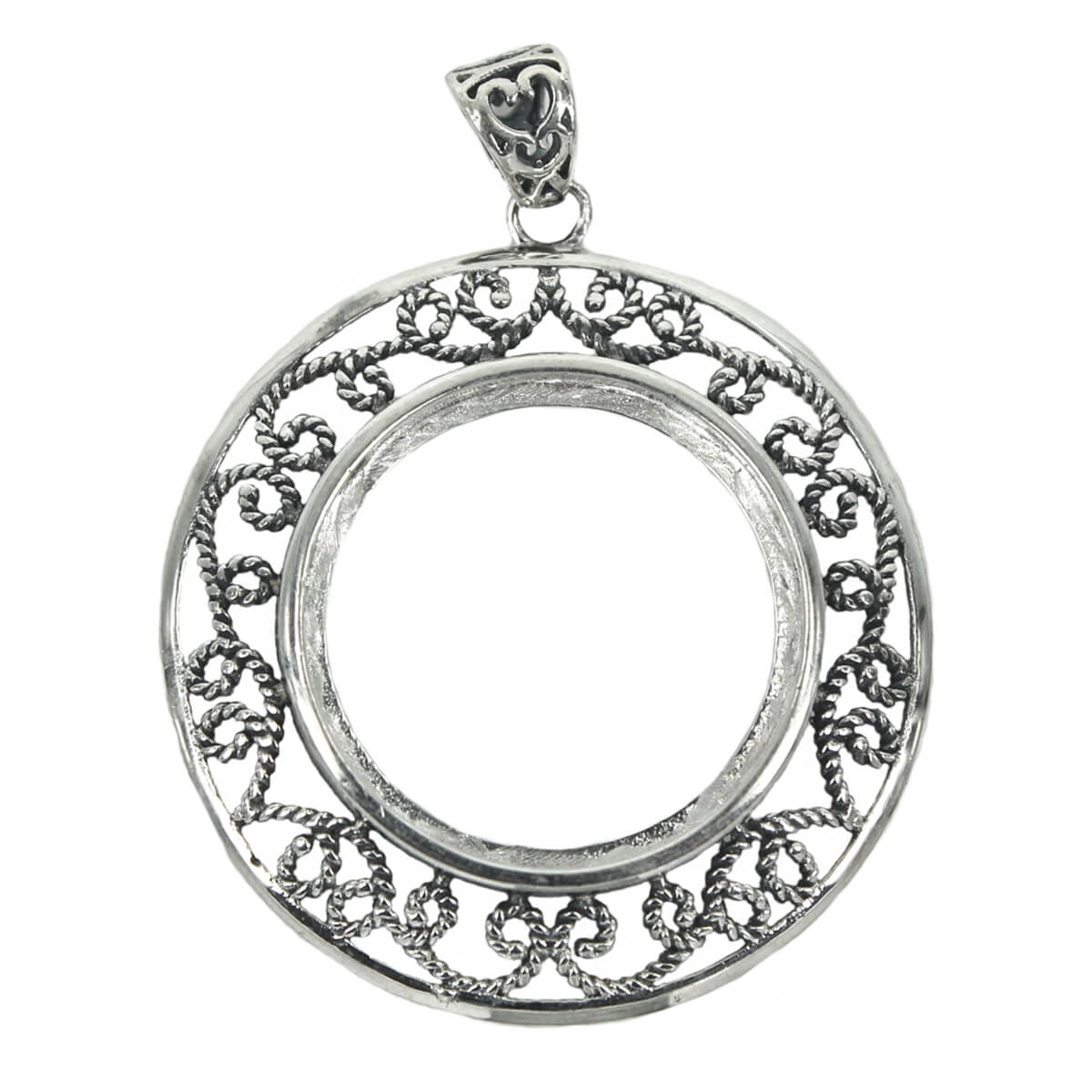 Round Pendant With Open Milgrain Border and Soldered Loop and Bail in Sterling Silver 20mm