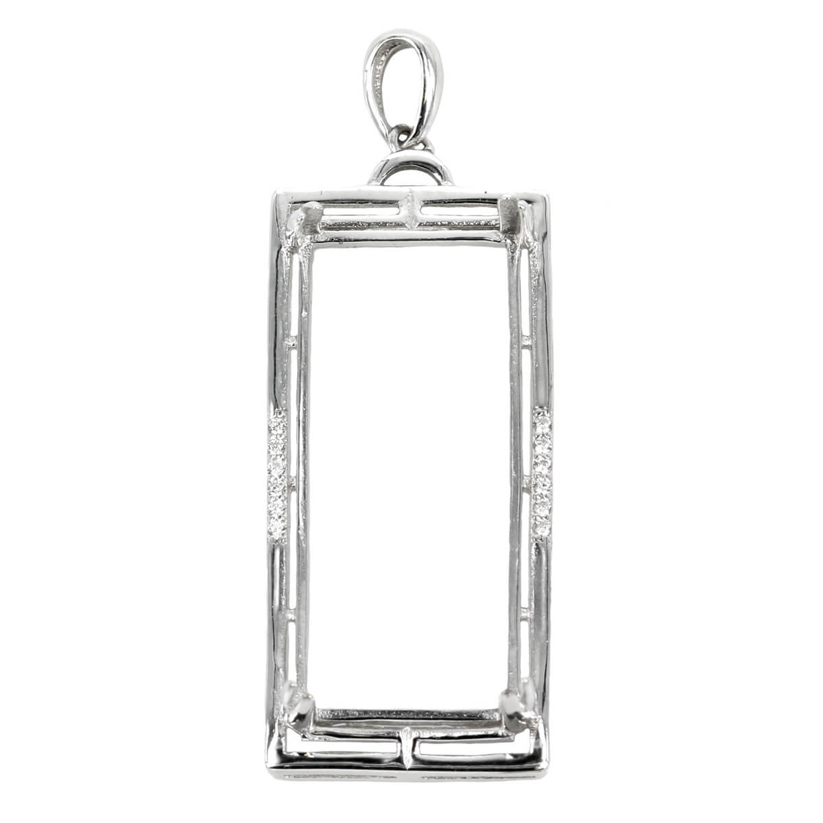 Rectangle Pendant with Cubic Zirconias-Set Sides and Soldered Loop and Bail in Sterling Silver 12x28mm 