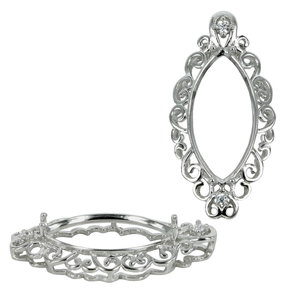Marquise Pendant with Curlicues & CZ Decorated Border for 10x20mm Stones in Sterling Silver 