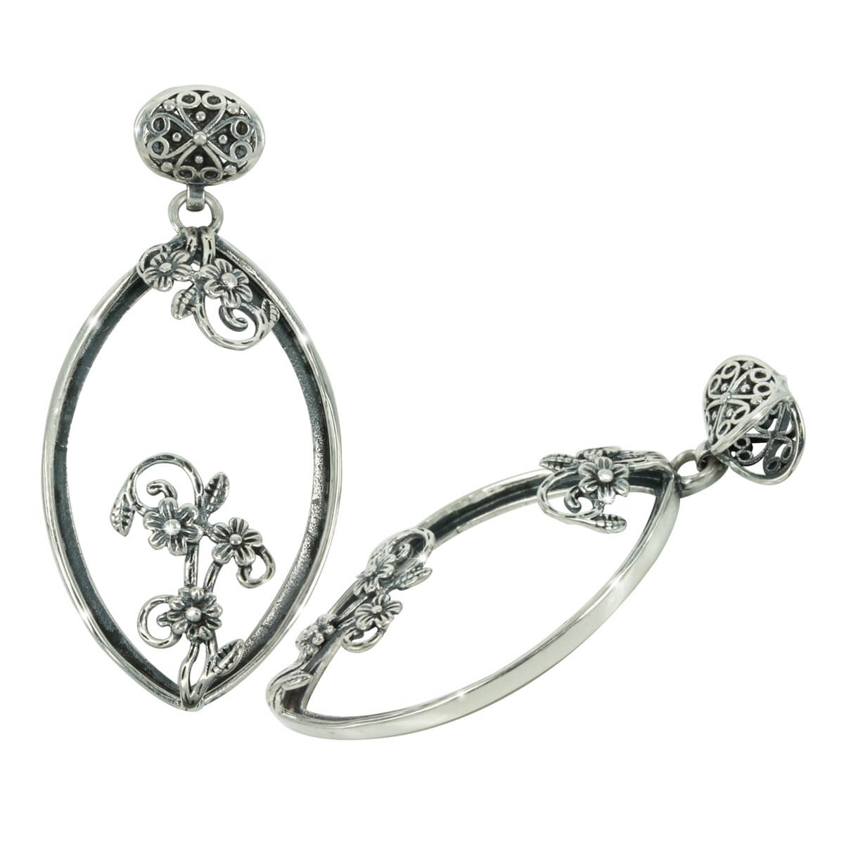Floral Embellished Marquise Pendant in Sterling Silver for 24x42mm Marquise Cabs 