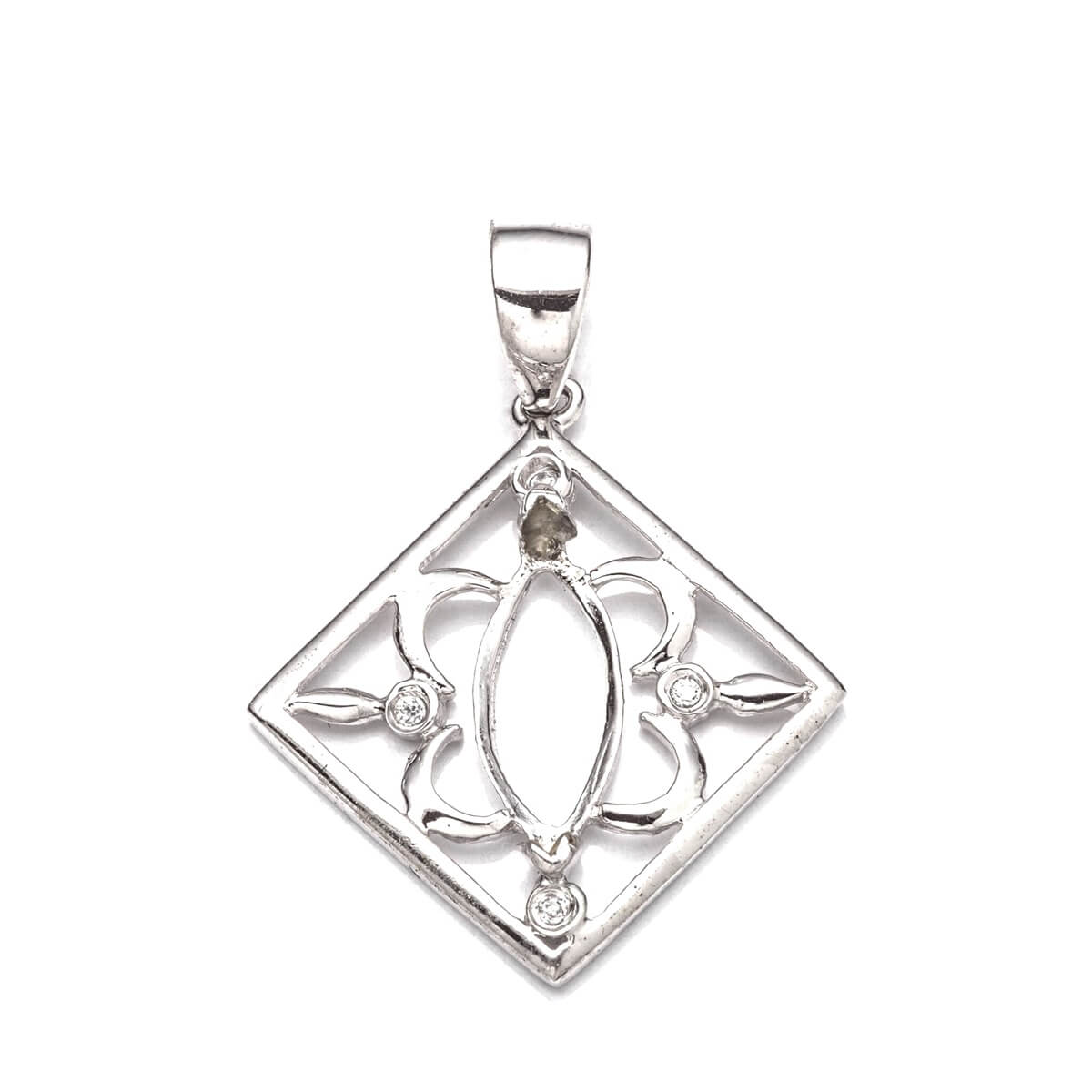 Diamond Pendant with Cubic Zirconia Inlays and Marquise Shape Mounting and Bail in Sterling Silver 5x10mm 