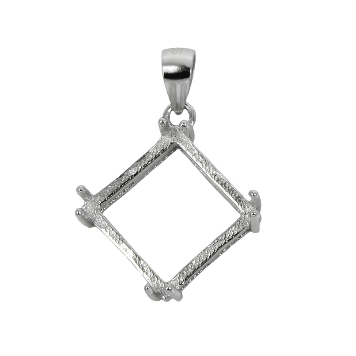 Square Pendant with Double Prongs and Soldered Loop and Bail in Sterling Silver 12x12mm 